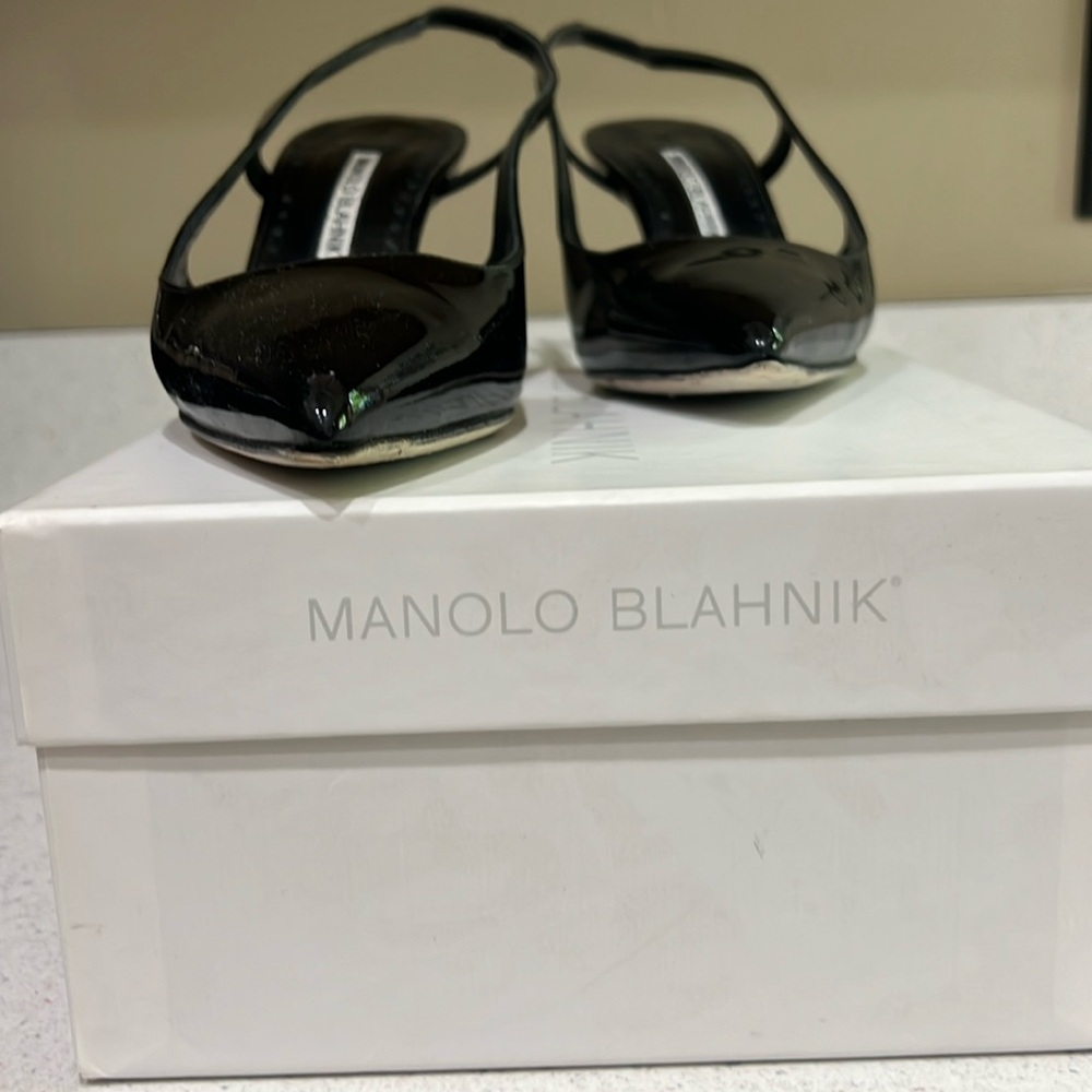 Manolo Blahnik Black Patent Leather Sling Backs